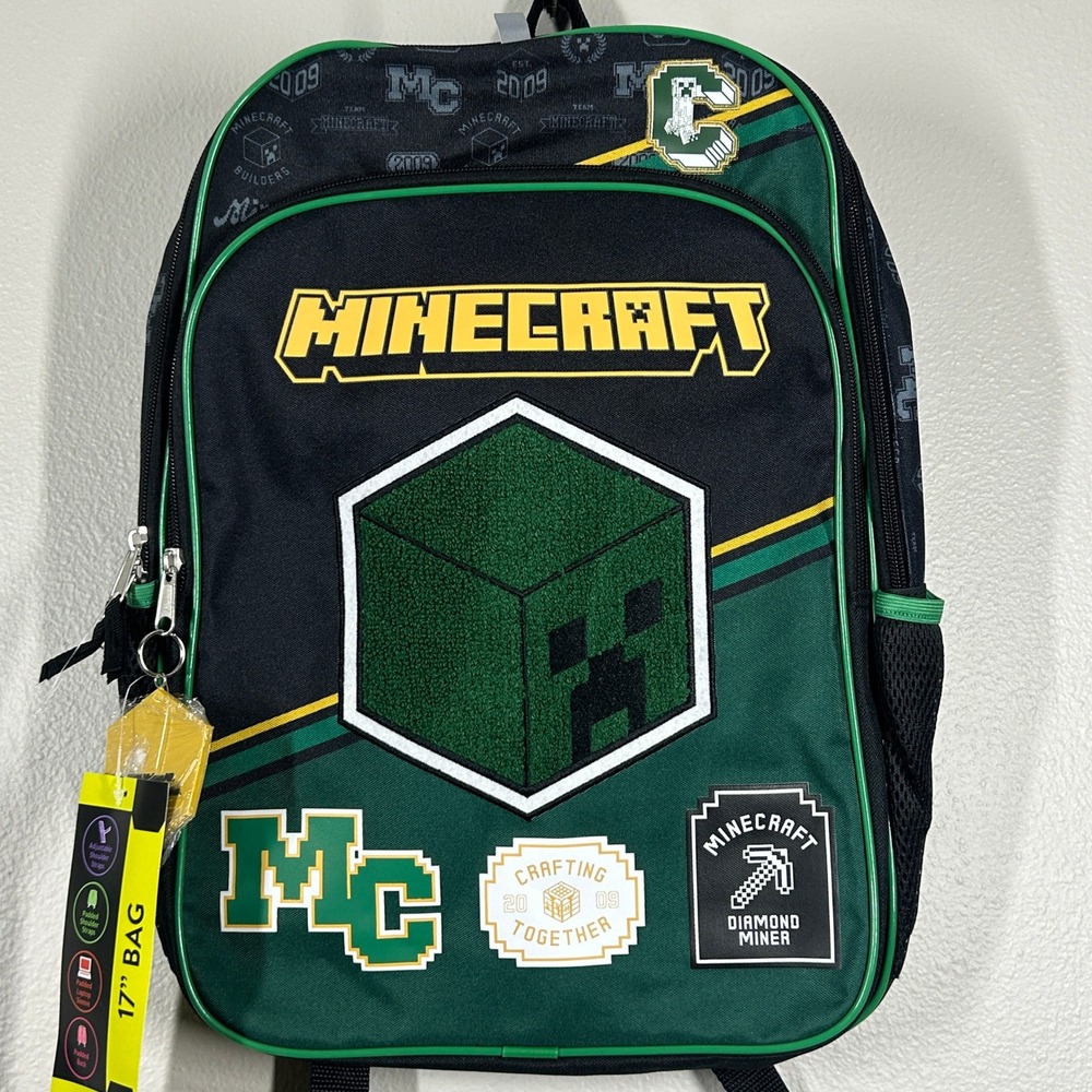 Minecraft Creeper Varsity 17 Inch Backpack Green Black Padded Laptop Sleeve NWT